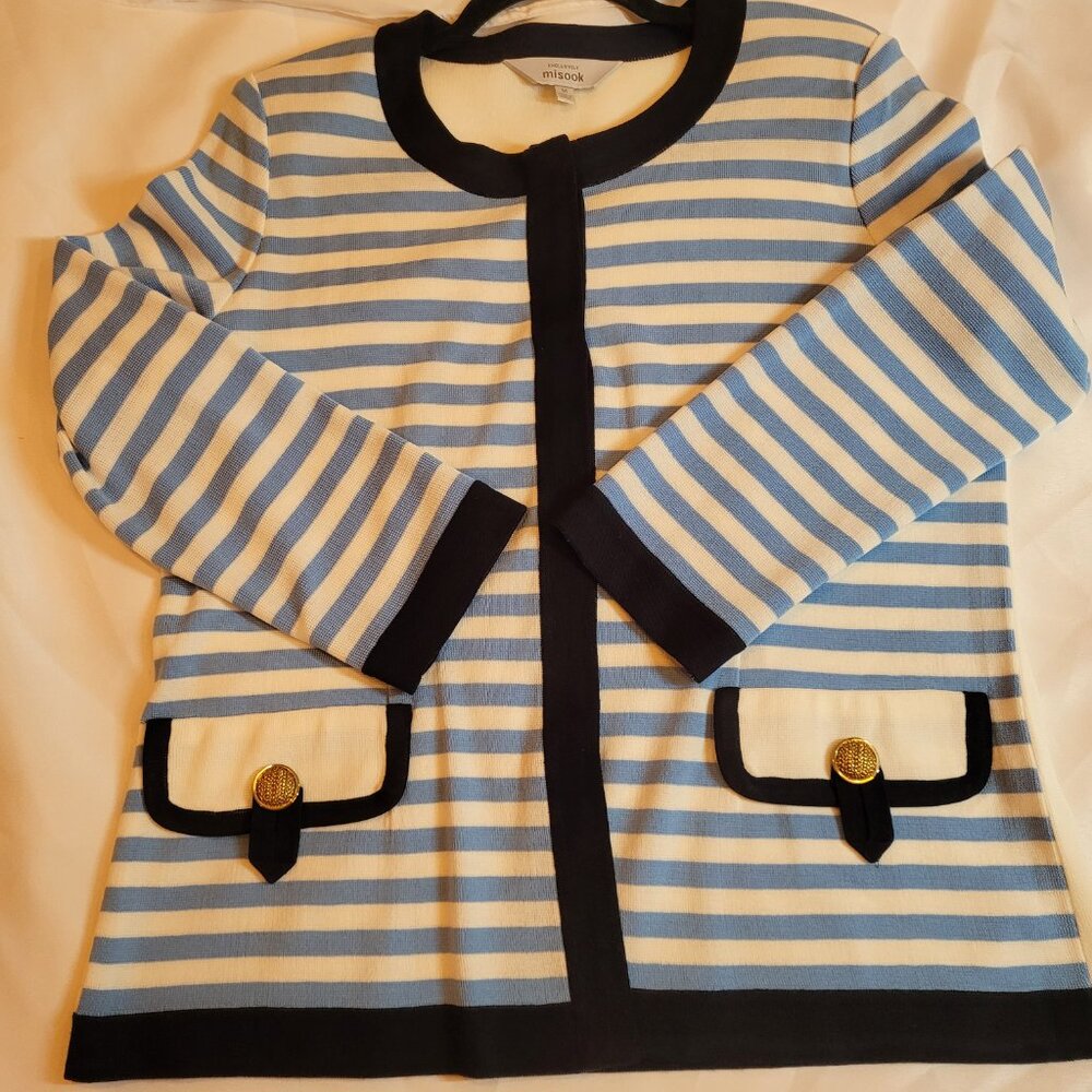 Misook Exclusively Women's Blue and White Stripe Navy Trim Cardigan Medium - Picture 13 of 13